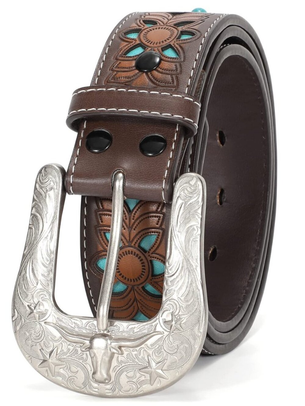 Women Men Genuine Leather Belt Vintage Ladies Western Belt Engraved Tooled